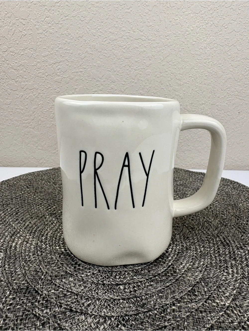 Rae Dunn White “PRAY” Mug Featuring the Signature Artisan-Style Lettering.